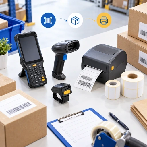 Terminal mobile, lecteurs code-barres, imprimante d’étiquettes et rouleaux sur un poste logistique