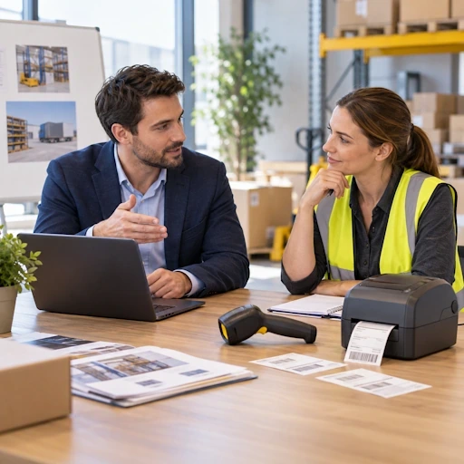 Consultant présentant un terminal mobile et un lecteur code-barres à un responsable logistique