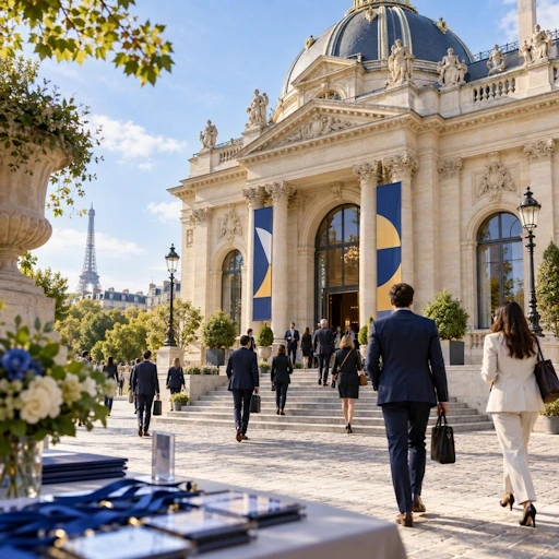 Professionnels arrivant à un événement logistique dans un bâtiment parisien
