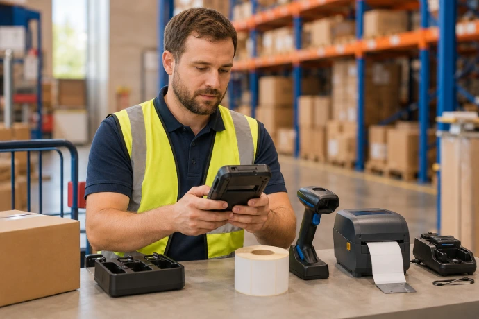 Professionnel utilisant des équipements code-barres en entrepôt