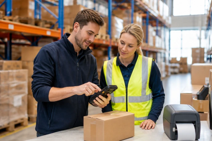 Technicien accompagnant une opératrice dans l’utilisation d’un terminal code-barres