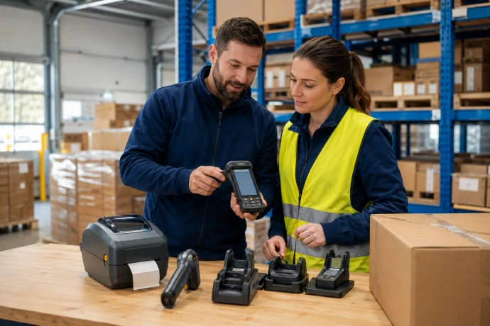 Technicien accompagnant une opératrice lors du paramétrage d’un terminal mobile et d’une imprimante d’étiquettes en entrepôt