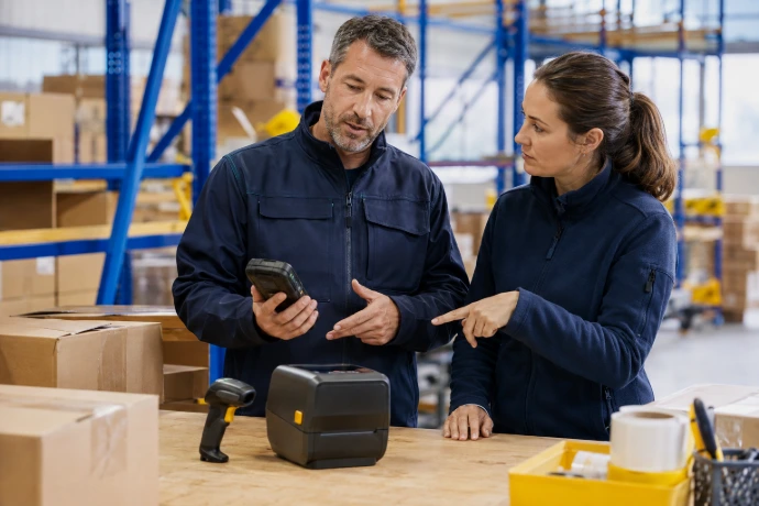 Conseiller présentant un terminal mobile, un scanner et une imprimante à une responsable logistique