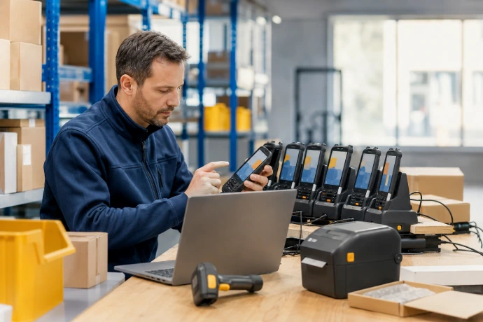 Technicien configurant une série de terminaux mobiles avant leur expédition