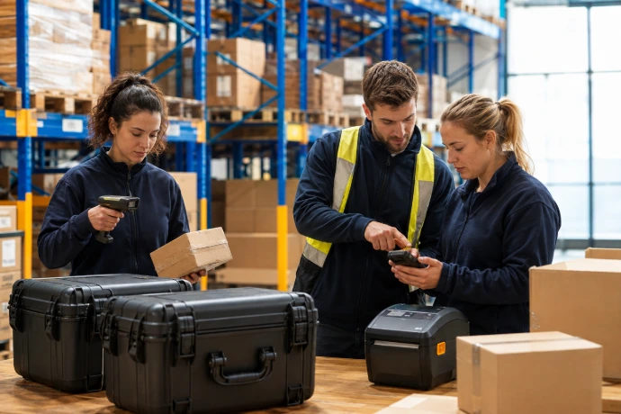 Technicien mettant en service des terminaux mobiles avec une équipe en entrepôt