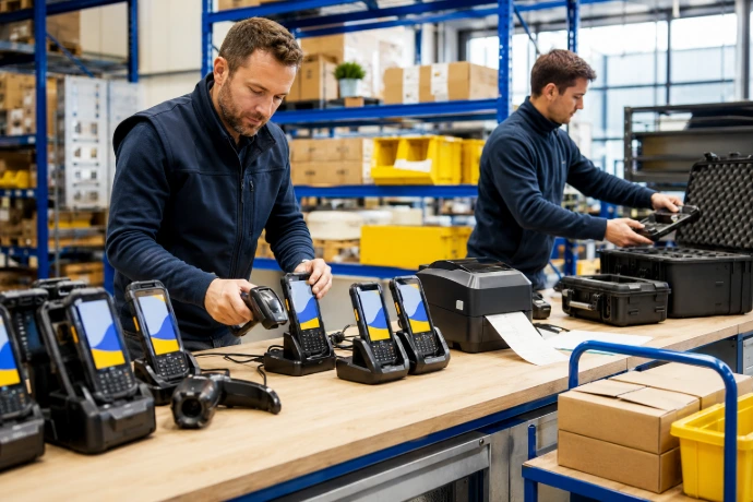 Techniciens configurant et conditionnant du matériel code-barres avant sa mise en location