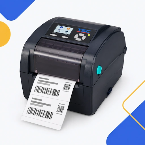 Imprimante TSC TC210 ouverte avec rouleau d’étiquettes et ruban transfert thermique