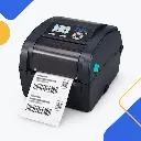 Imprimante TSC TC210 ouverte avec rouleau d’étiquettes et ruban transfert thermique