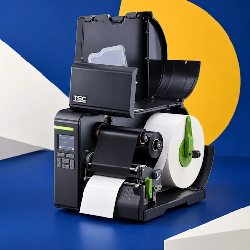 Imprimante TSC ML241P ouverte avec rouleau d’étiquettes et ruban transfert