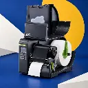 Imprimante TSC ML241P ouverte avec rouleau d’étiquettes et ruban transfert