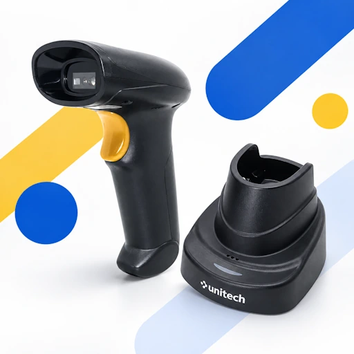 Lecteur code-barres Unitech MS822B présenté avec son socle de communication