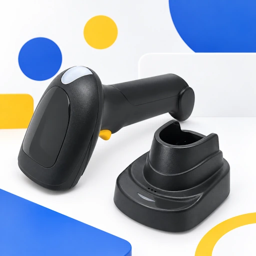 Lecteur code-barres Unitech MS822B et son socle présentés sous un angle latéral