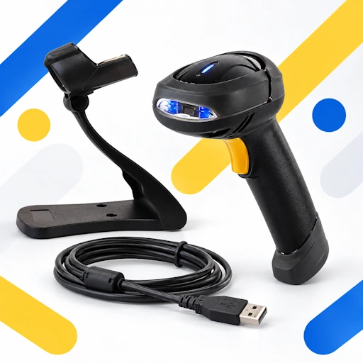 Vue rapprochée du lecteur code-barres Unitech MS339 2D avec câble USB