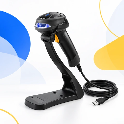 Lecteur code-barres Unitech MS339 avec son support réglable et son câble USB spiralé