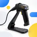 Lecteur code-barres Unitech MS339 présenté avec son support mains libres et son câble USB
