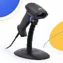 Vue rapprochée de la douchette Unitech MS836 avec fenêtre laser rouge et gâchette bleue