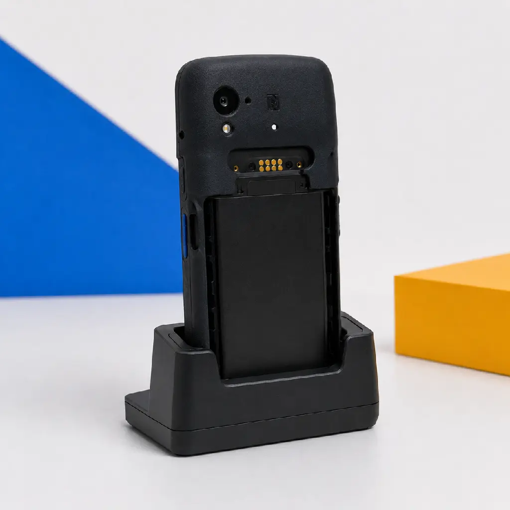 Terminal Unitech EA660 avec coque placé dans un socle de charge adapté