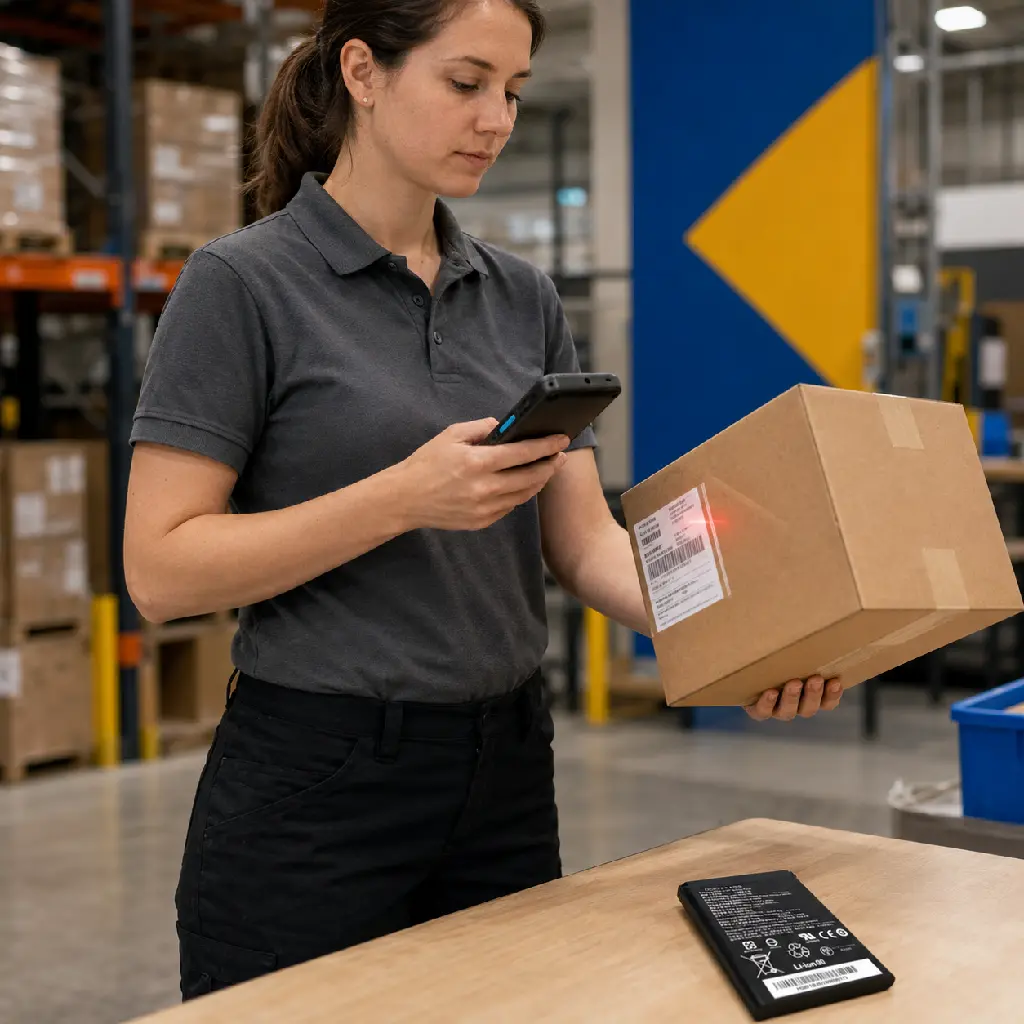 Opératrice logistique utilisant un terminal EA660 avec une batterie de secours