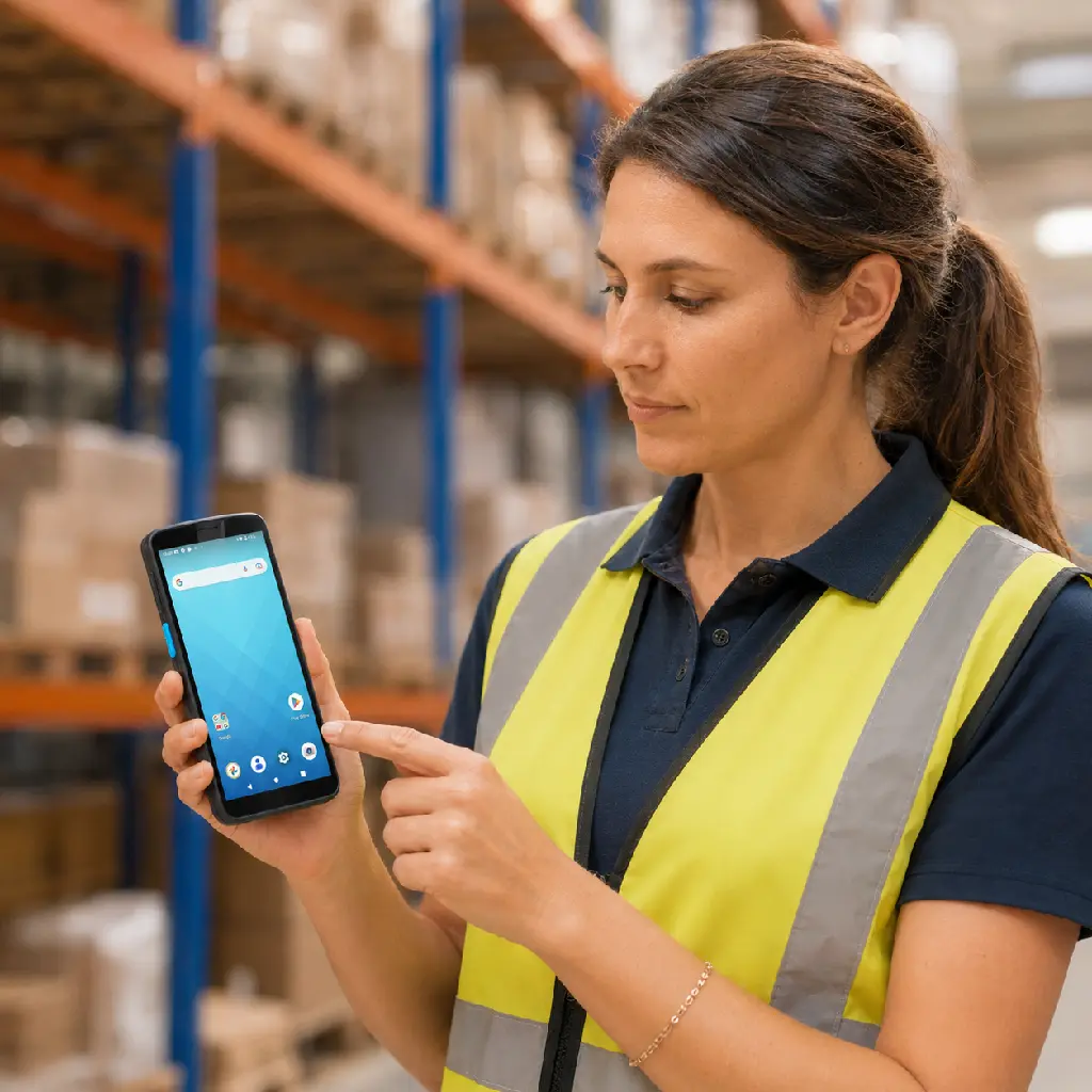 Opératrice utilisant un terminal Unitech EA530 équipé d’une protection d’écran en verre 9H