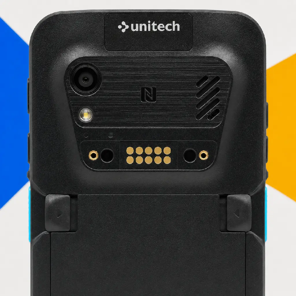 Vue détaillée de la caméra, du NFC et des contacts Pogo de l’Unitech EA530