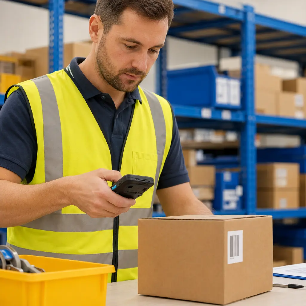 Opérateur logistique utilisant un terminal Unitech EA530 pour scanner un colis