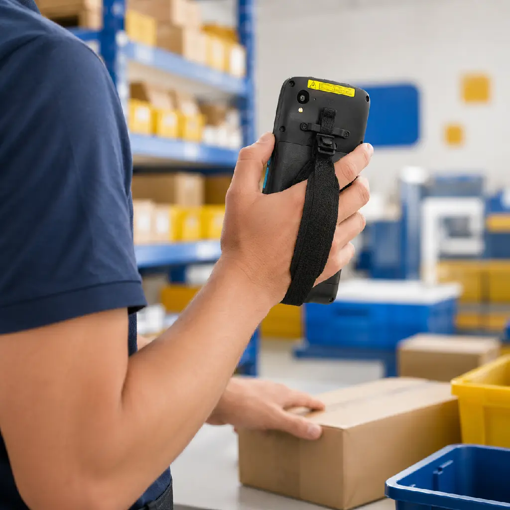 Opérateur logistique utilisant un terminal Unitech EA660 avec sangle de maintien arrière
